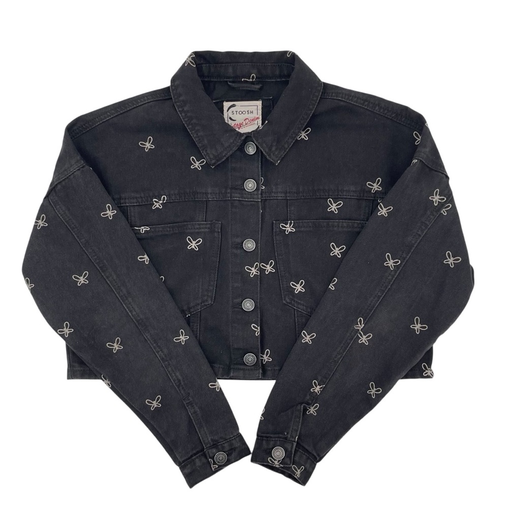 Stoosh Vintage Denim Butterfly Cropped Jean Jacket Black Size Small Button Front - Picture 2 of 11